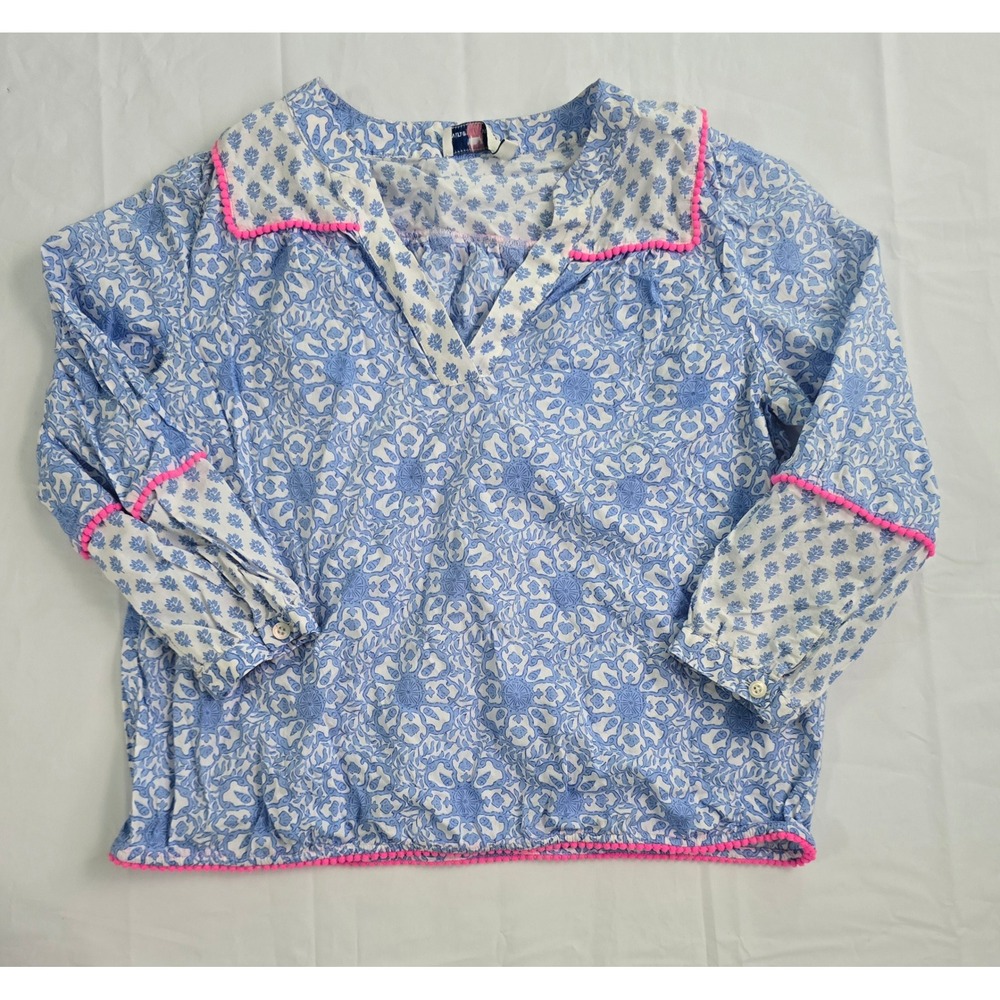 Vineyard Vines Blue White Block Print Pom Pom Trim Blouse Top XS 2K001306 - Picture 3 of 15